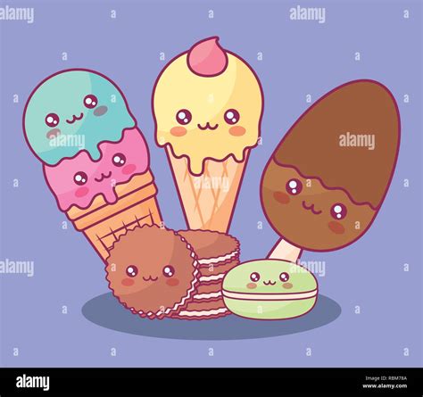 Cute Ice Creams And Cookies Kawaii Characters Vector Illustration