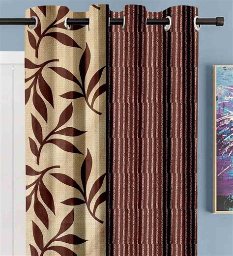 Buy Brown Beige Polyester Semisheer 5 Feet Eyelet Curtain Set Of 2