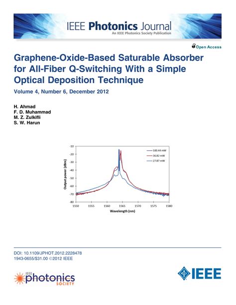 PDF Graphene Oxide Based Saturable Absorber For All Fiber Q Switching