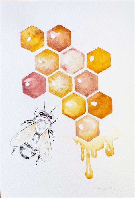 Bee And Honeycomb Original Mixed Media Watercolour And Ink Painting