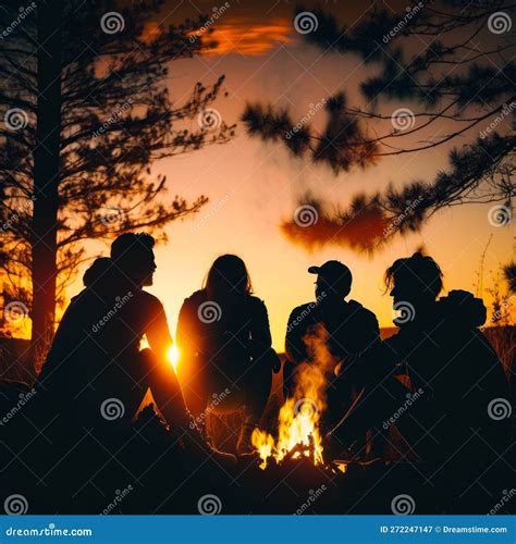 Group Of People Sitting Around Campfire At Sunset Generative Ai Stock