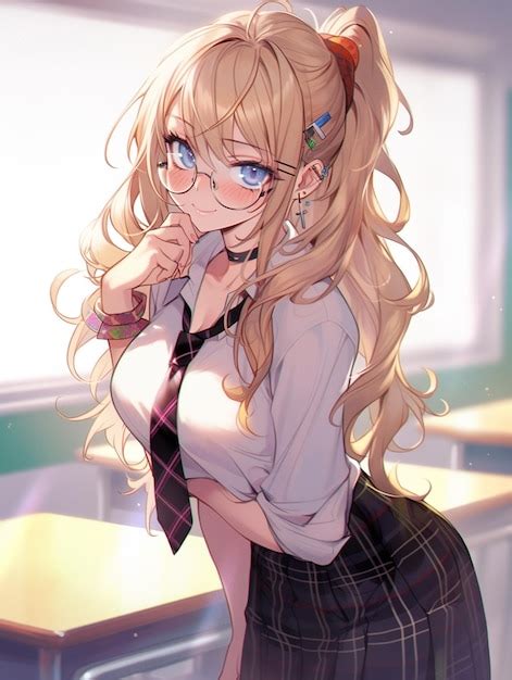 Premium Ai Image Anime Girl With Glasses And A Tie Posing In A Classroom Generative Ai