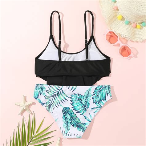 XIMIN Girl S Swimsuit Two Piece Leaf Print Shorts Bikini Set High Waisted Adjustable Straps