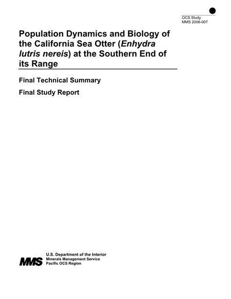 Population Dynamics And Biology Of The California Sea Otter Enhydra