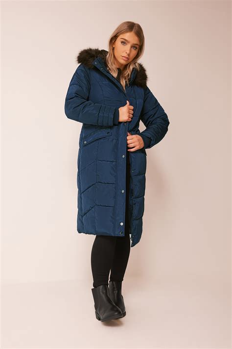 Mandco Navy Blue Faux Fur Trim Padded Coat Mandco