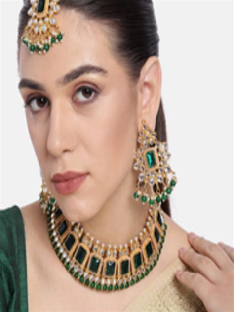 Buy Peora Gold Plated Green Pearl Beaded Crystal Studded Jewellery