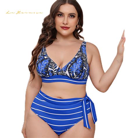Fashion Stripe Print Two Piece Swimsuit Bathing Suit Sexy Women Bikini Plus Size High Waist