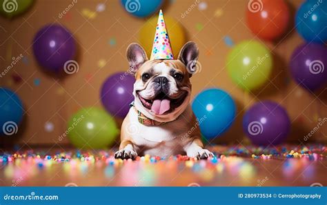 Cute Bulldog With Party Hat And Delicious Birthday Cake On Light Blue