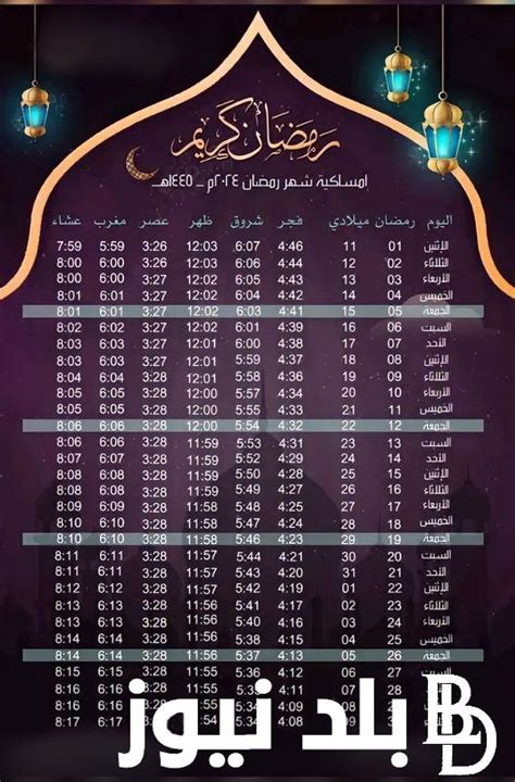 مواعيد الإفطار والسحور امساكية شهر رمضان ٢٠٢٤ وفقاً للدليل الفلكي