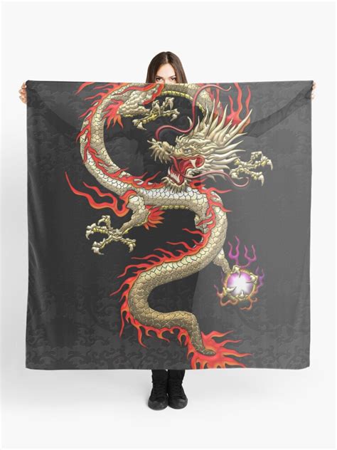 Golden Chinese Dragon Fucanglong On Black Silk Scarf For Sale By