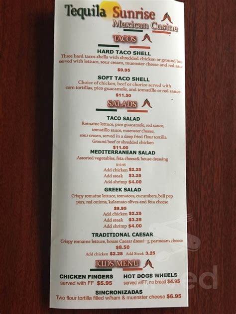 Tequila Sunrise Menu In Milford Pennsylvania Usa