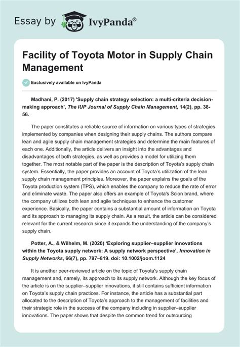 Facility Of Toyota In Supply Chain Management 630 Words Annotated