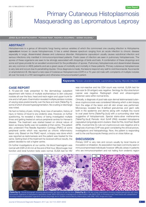 PDF Primary Cutaneous Histoplasmosis Masquerading As Lepromatous Leprosy