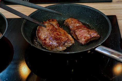 Roasting Meat Steak in Frying Pan Stock Image - Image of butcher ...