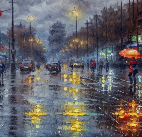 Rainy City Street Painting by Anatoliy Kuzin | Saatchi Art