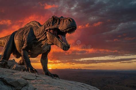 Tyrannosaurus Rex Roaring Atop A Rocky Cliff With A Blood Red Sunset