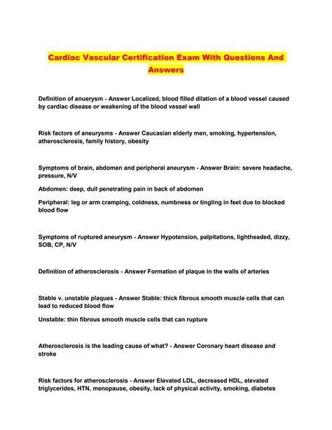 Solution Cardiac Vascular Certification Exam With Questions And