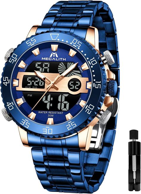 Megalith Watches For Men Digital Waterproof Blue Stainless Steel Quartz