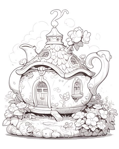 A Drawing Of A Teapot House In The Middle Of Some Flowers And Grass