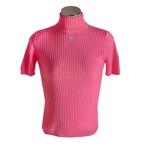 New Courreges Bright Pink Ribbed Knit Mock Turtleneck Short Sleeve