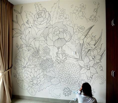 Diy Floral Wall Painting - 768x672 - Download HD Wallpaper - WallpaperTip