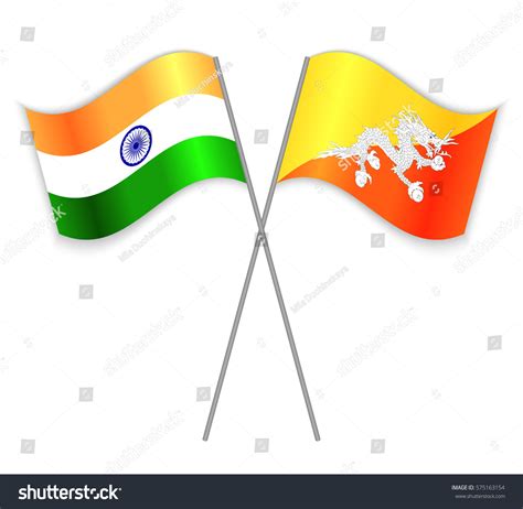 Indian Bhutanese Crossed Flags India Combined เวกเตอร์สต็อก ปลอดค่า