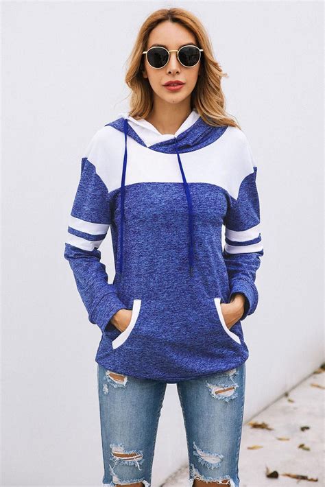 Blue Color Block Pullover Hoodie With Pocket Beautiful Sweatshirts