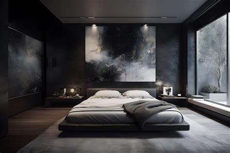 Premium Photo | A black bedroom with a large painting on the wall