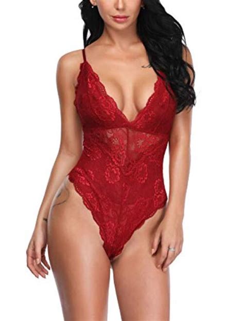 Buy Aranmei Women Deep V Sexy Lace Bodysuit Snap Crotch Lingerie Teddy