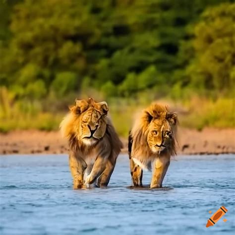 Two Lions Walking On The Beach On Craiyon