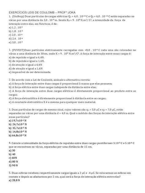 Questões Lei De Coulomb - Questões de Lei de Coulomb | PDF | Carga elétrica | Quantidades físicas