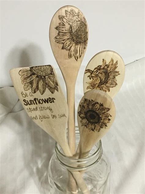 Sunflower Wood Spoon Set Etsy Wood Burn Spoons Wood Spoon Wood