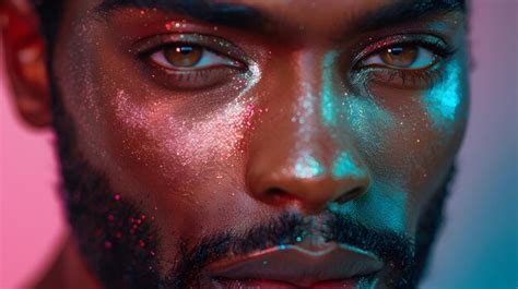 Premium Photo Closeup Of Mans Glittercovered Face Generative Ai