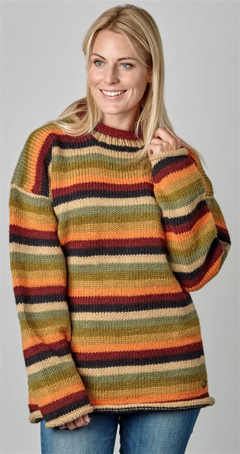 Pure wool - hand knit jumper - stripe - Woodland | Black Yak