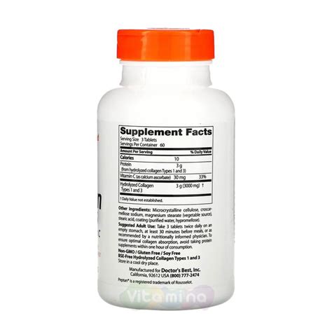 Doctor's Best Коллаген типа 1 и 3 с Peptan и витамином C 1000 мг, 180 ...