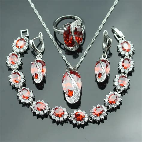 Red Cubic Zirconia Jewelry Sets 925 Sterling Silver Bridal Jewelry For Women Wedding Necklace