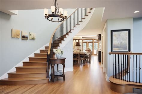 Curved Staircase with Wrought Iron Handrail in Luxury Foyer Stock Photo - Image of luxury ...