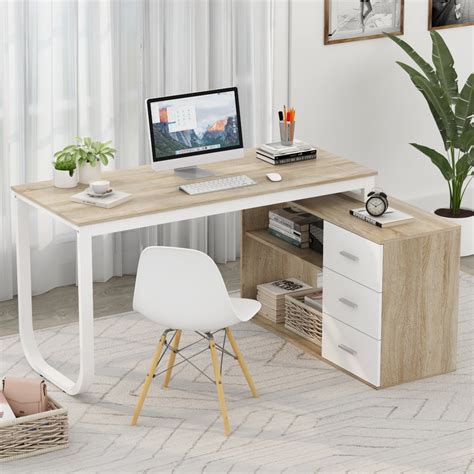 Fufu Gaga L Shaped Oak And White Wood Writing Desk Corner Gaming Desk