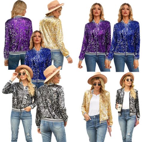 Women Sequin Glitter Bomber Jacket Ladies Biker Festival Clubbing Party Top` Ebay