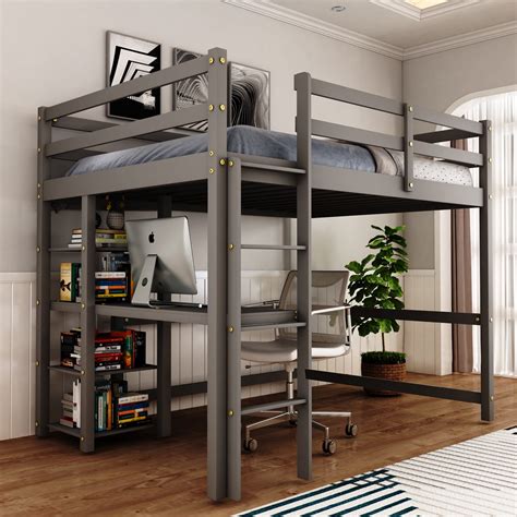 Wood Loft Bed with Desk : Full Size Loft Bed with 4-Storage Shelves and ...