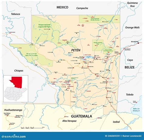 Roads And National Park Map Of Peten State, Guatemala Cartoon Vector ...