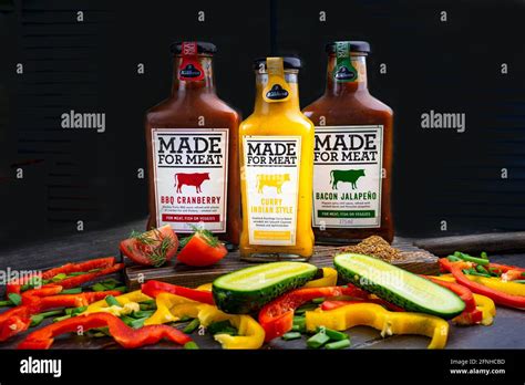 Kazan, Russia. May 12, 2021. Kuhne Made for Meat tomato sauces ...