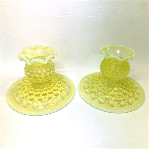 Vtg Set Fenton Usa Uranium Vaseline Topaz Hobnail Art Glass Candle Stick Holders Ebay