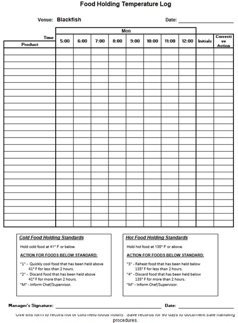 Printable Hot Food Temperature Log Sheet