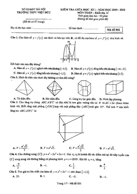 De Kiem Tra Giua Hoc Ki 1 Toan 12 Nam 2019 2020 Truong Viet Duc Ha Noi