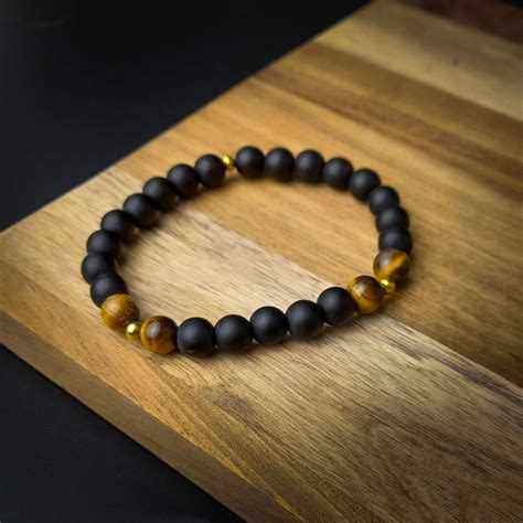 Me1775 Black Frosted Glass Beads Tiger Eye Stone Bracelet Mecal