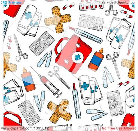 Clipart Of A Seamless Background Pattern Of First Aid Items Royalty