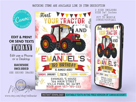 Tractor Birthday Invitation Tractor Invite Birthday Etsy Tractor