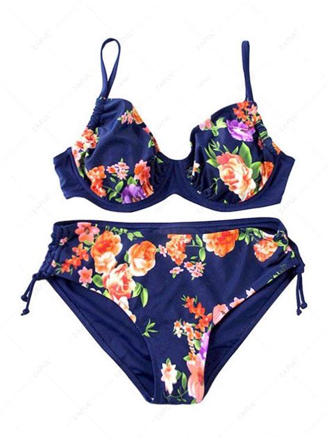 Off Flower Print Spaghetti Strap Bikini Set In Purplish Blue