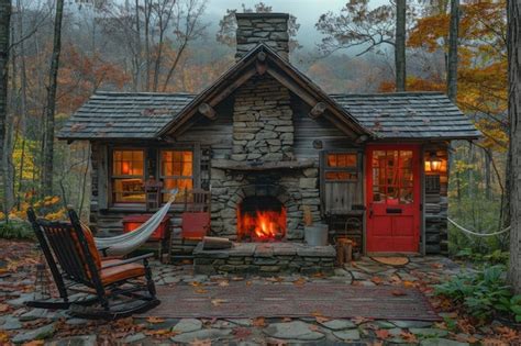 Premium Photo | A cozy cabin in the woods with a warm fire and a view ...